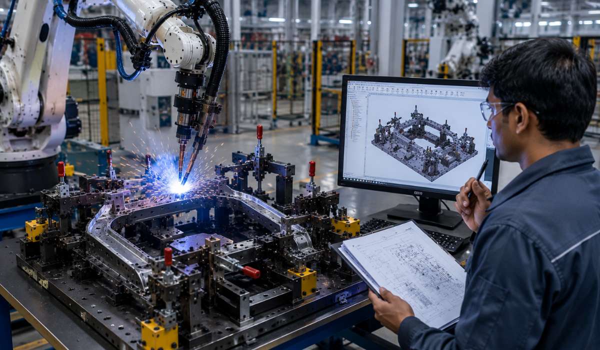 Engineer reviewing robotic welding fixture design and CAD model in an automated manufacturing facility