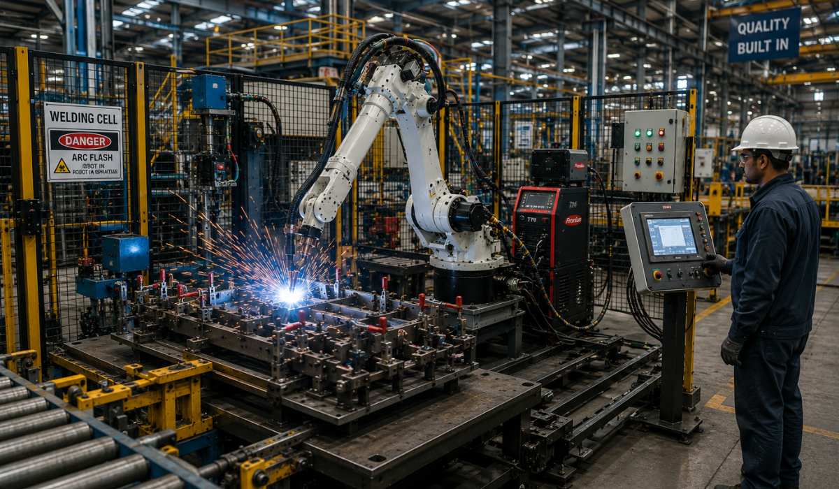 Industrial robotic welding integration setup with automated fixture and operator panel