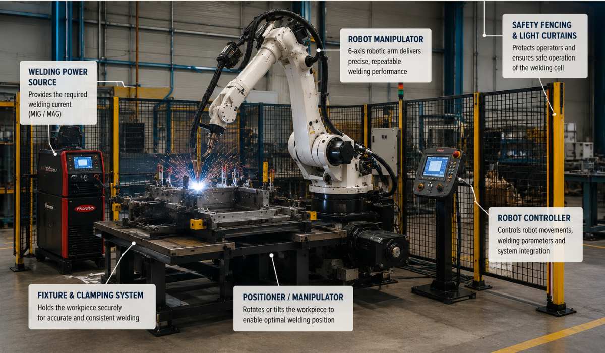 Components of an industrial robotic welding system used in manufacturing