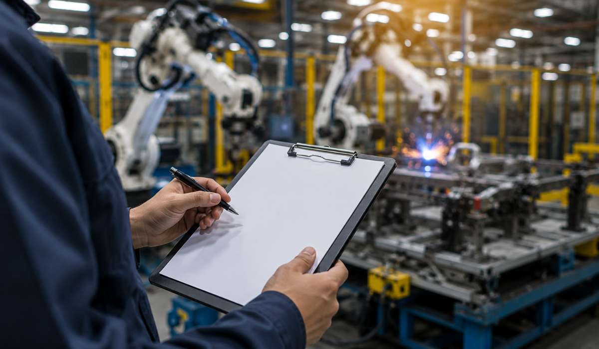 Engineer evaluating a robotic welding system using a vendor assessment checklist in a manufacturing facility
