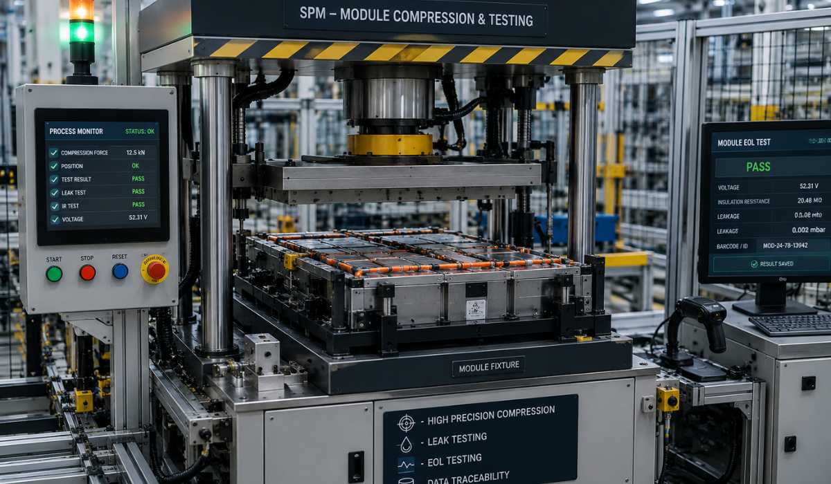 Special Purpose Machine for EV battery module compression and testing
