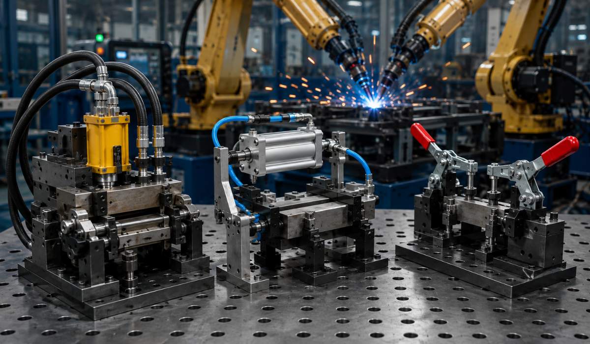 Industrial welding fixture showing hydraulic, pneumatic, and mechanical clamping systems used to select the right fixture for robotic welding applications.