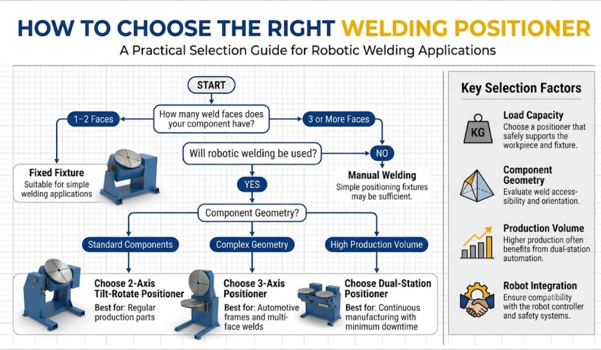 How to choose the right welding positioner based on weld faces, component geometry, production volume, and robotic welding requirements.