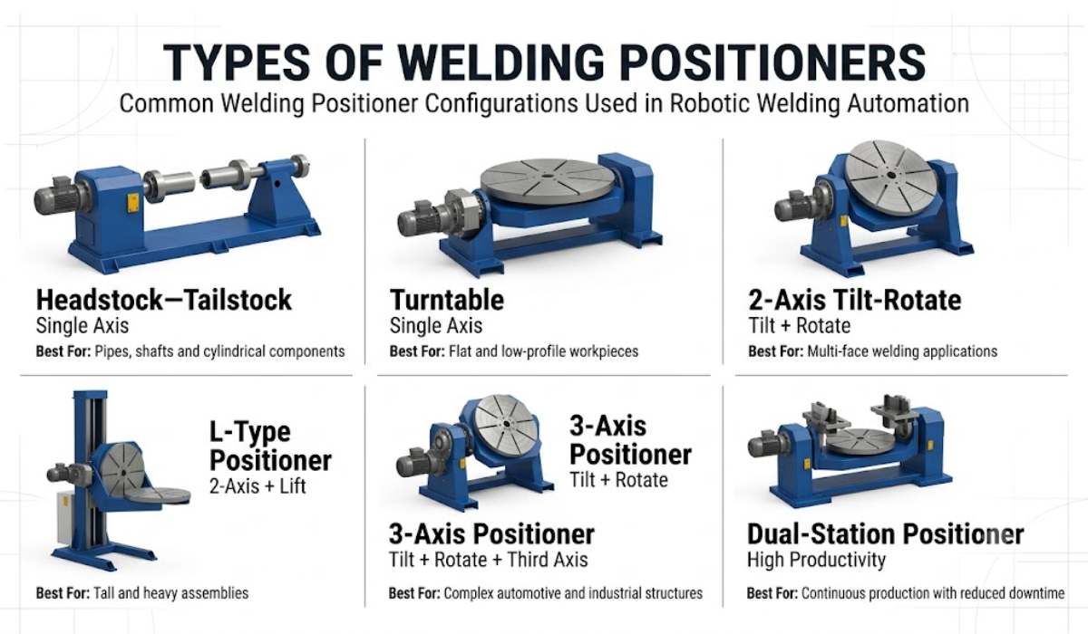 Comparison of welding positioner types including headstock-tailstock, turntable, 2-axis tilt-rotate, L-type, 3-axis, and dual-station positioners used in robotic welding automation.