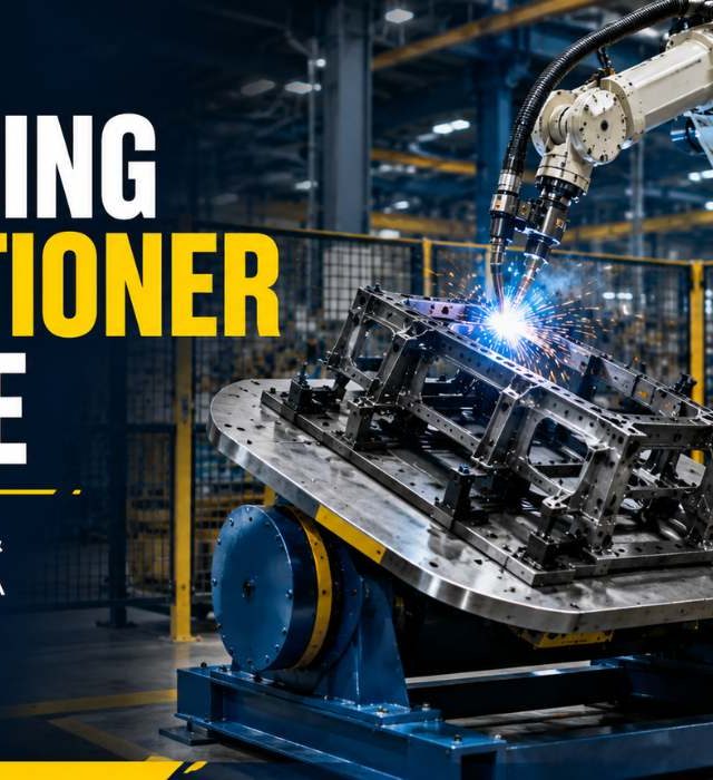 Ultimate Welding Positioner Guide – Types, Uses & Cost in India Robotic welding positioner with industrial robot welding an automotive frame in an automated manufacturing plant in India