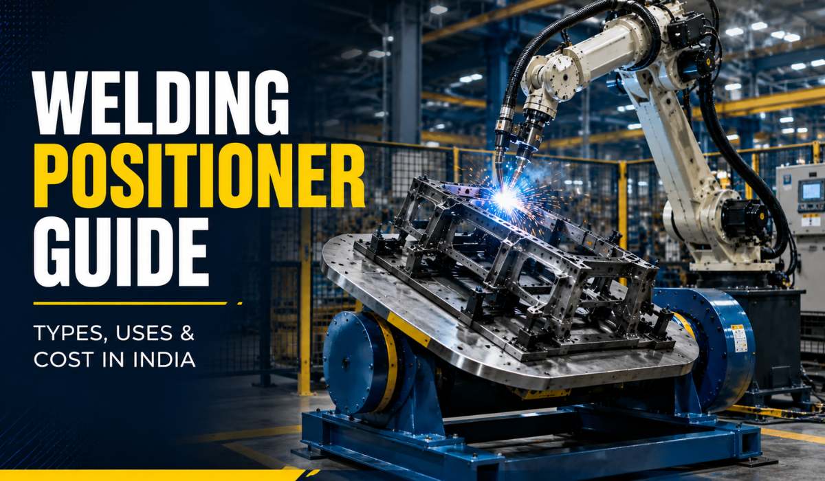 Ultimate Welding Positioner Guide – Types, Uses & Cost in India Robotic welding positioner with industrial robot welding an automotive frame in an automated manufacturing plant in India