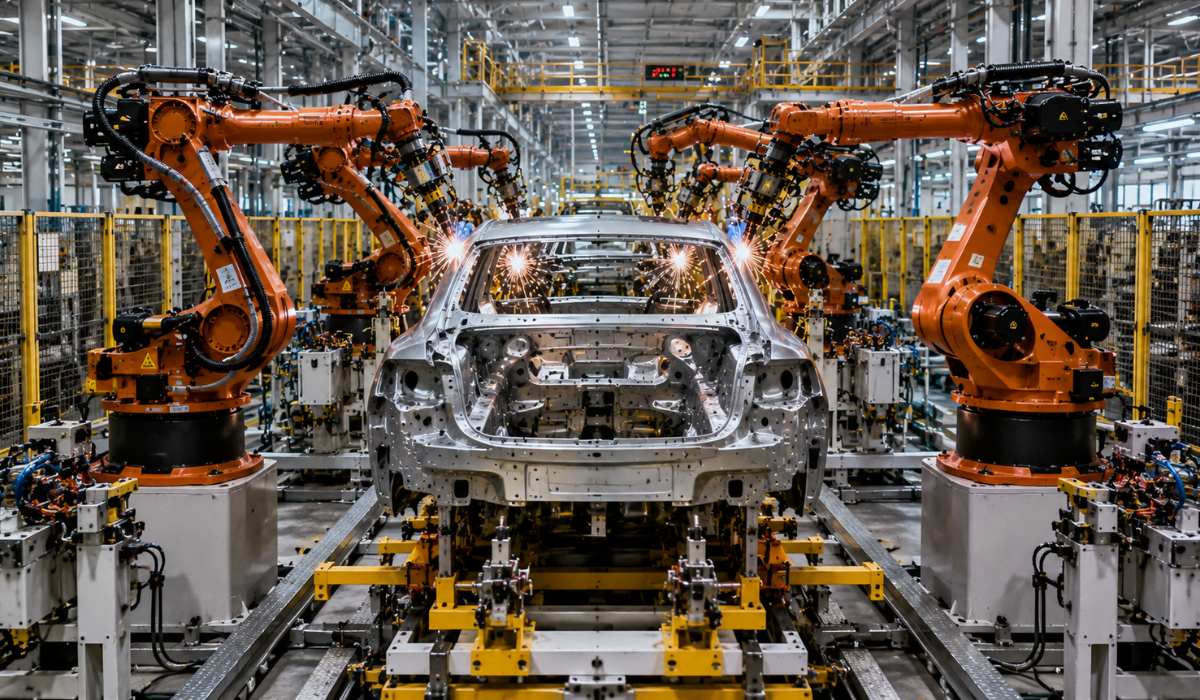 Multi-robot Body-in-White (BIW) spot welding line in an automotive manufacturing plant using automated robotic welding systems.