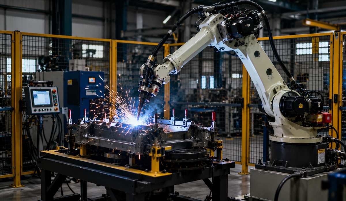 Industrial robotic MIG welding cell welding an automotive component inside a modern automotive manufacturing facility.