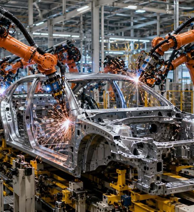 robotic-welding-automotive-manufacturing-india Robotic welding line for automotive body-in-white (BIW) manufacturing in an automotive production plant in India.