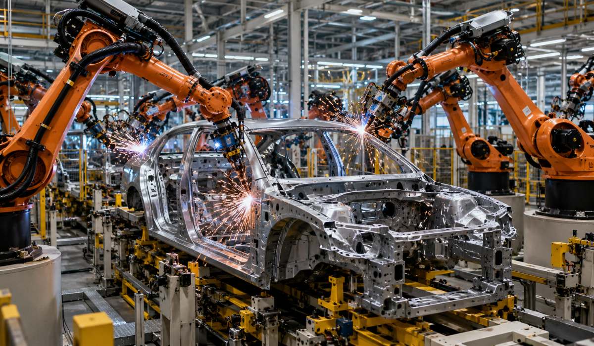 robotic-welding-automotive-manufacturing-india Robotic welding line for automotive body-in-white (BIW) manufacturing in an automotive production plant in India.
